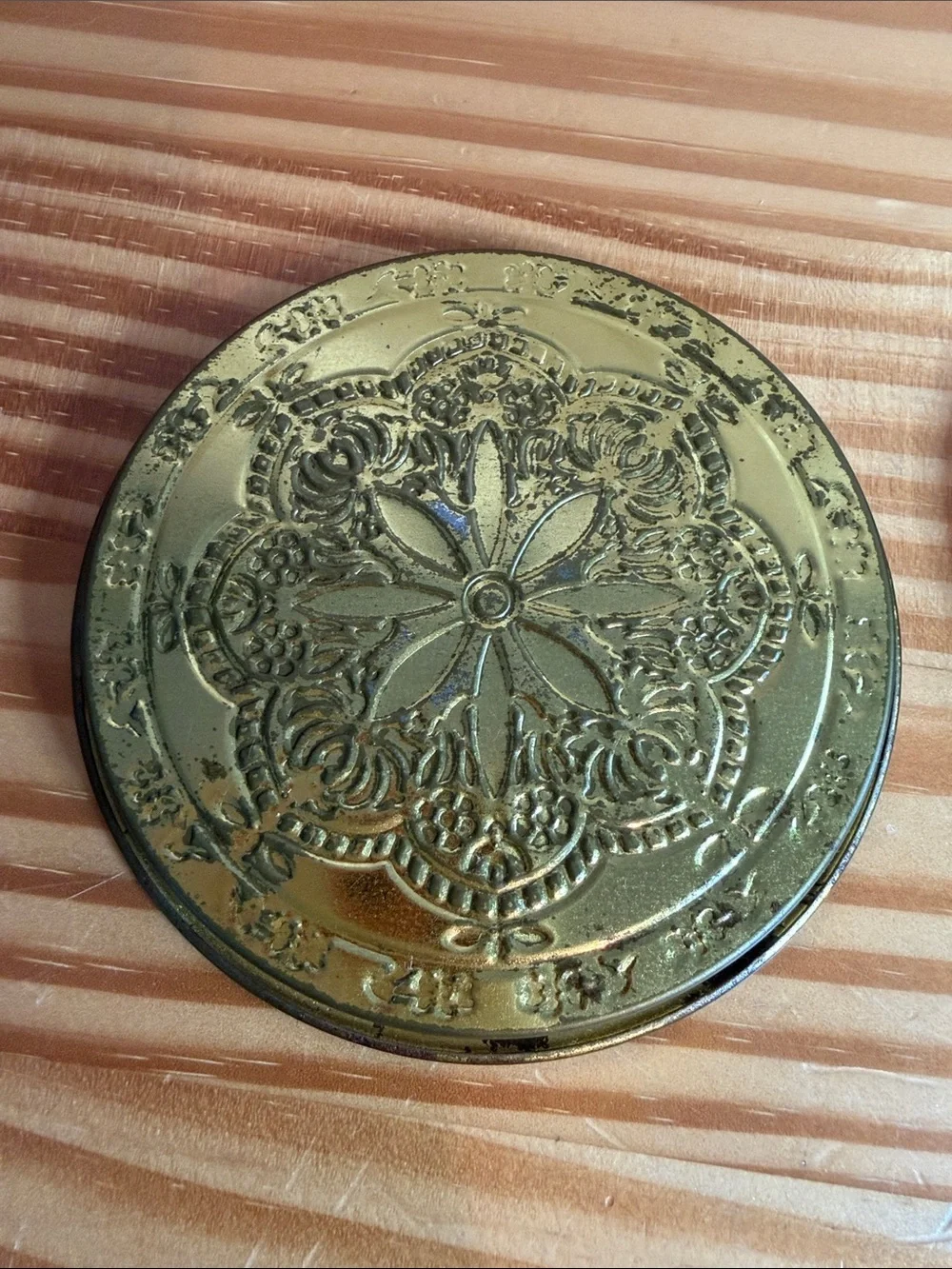 Vintage Stamped Brass Coasters Black Floral Rosette Design - Pair of 2